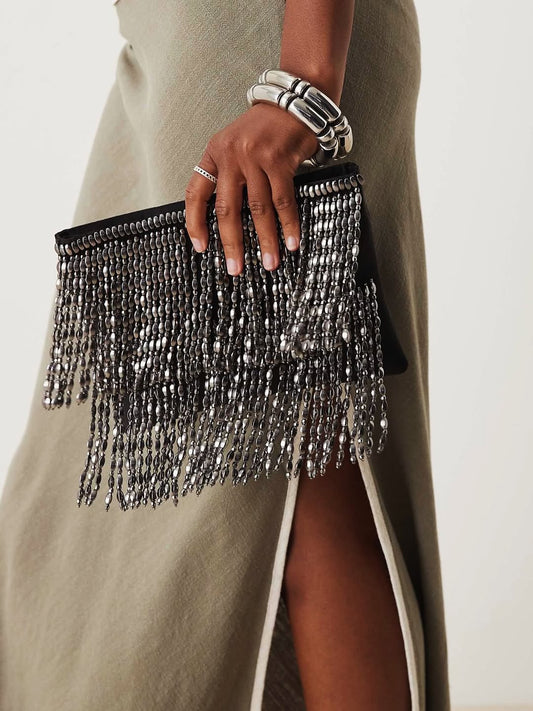 .NEW Metallic Fringe Clutch